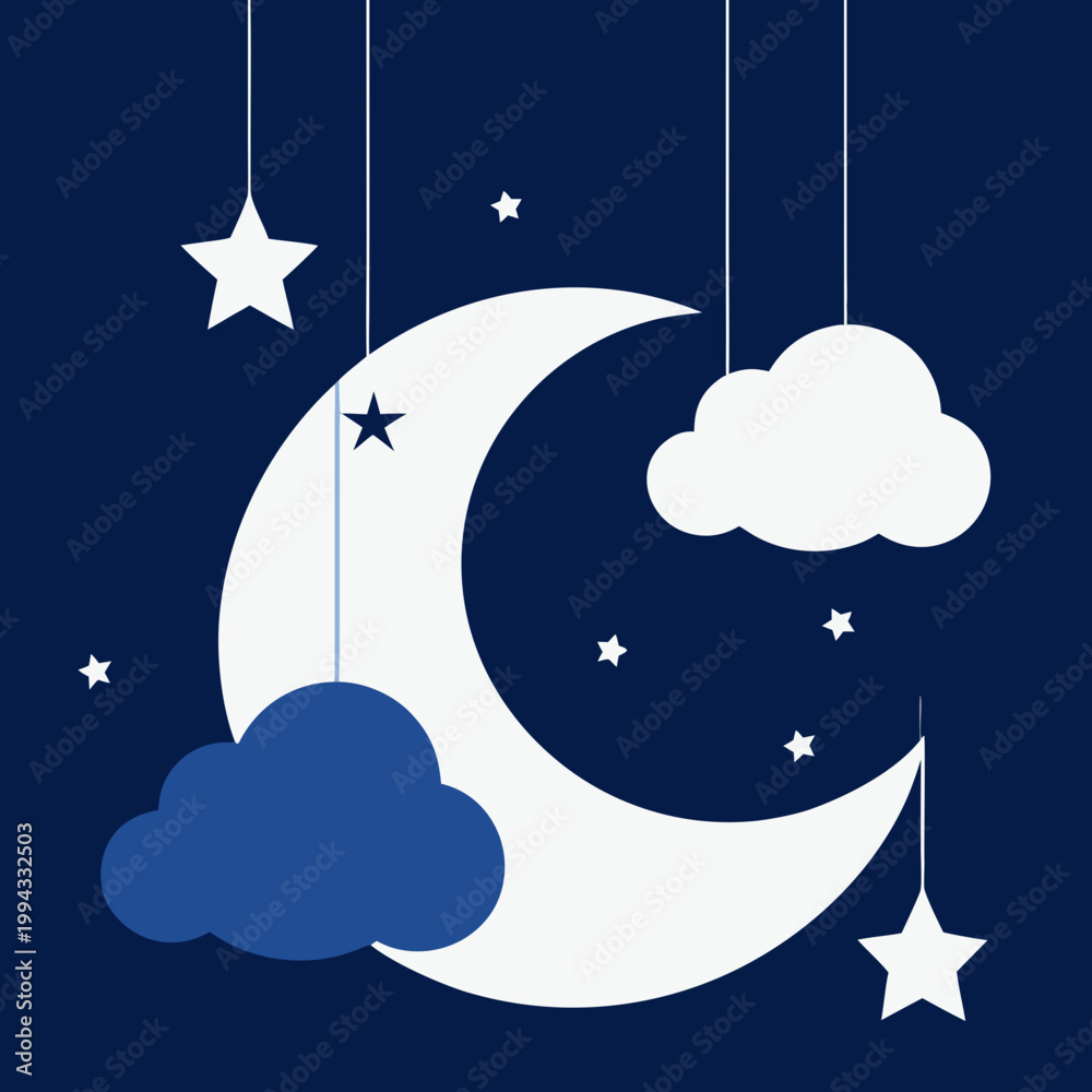 Naklejka premium Crescent moon with hanging stars and clouds vector