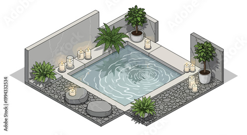 Isometric view of a serene square pool surrounded by smooth gray stones, potted green plants, and lit candles against white walls, creating a calming and luxurious outdoor bathing space