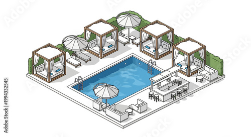 Isometric illustration showcases a luxurious swimming pool area with cabanas, lounge chairs, and a bar, rendered in a clean, minimalist style with bright, inviting colors against a white