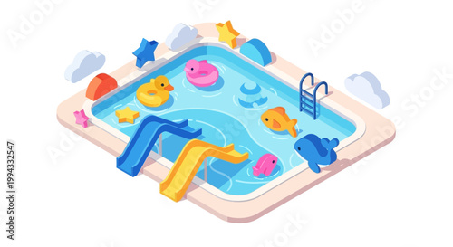 Isometric illustration of a vibrant swimming pool filled with toy animals and featuring two yellow slides, set against a clean white background to evoke a playful and summery mood, rendered