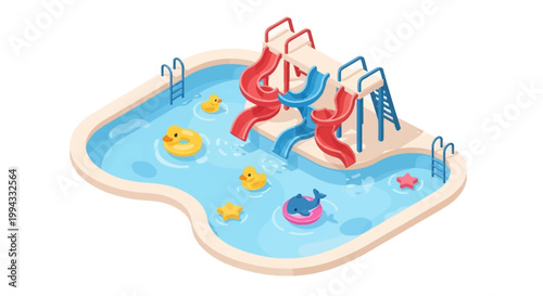 A vibrant isometric illustration showcases a swimming pool with red and blue water slides, complete with ladders, floating yellow rubber ducks, and inflatable toys, set against a plain