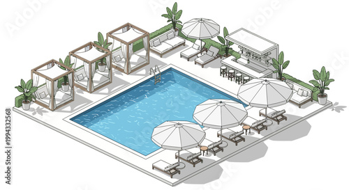 Isometric illustration shows a swimming pool area with white umbrellas, poolside cabanas, and a bar against a white background, creating a serene and luxurious vacation atmosphere