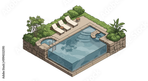 Isometric illustration of a backyard swimming pool with clear blue water, surrounded by stone walls, lush green plants, and three lounge chairs, rendered in a detailed, pixel-art style