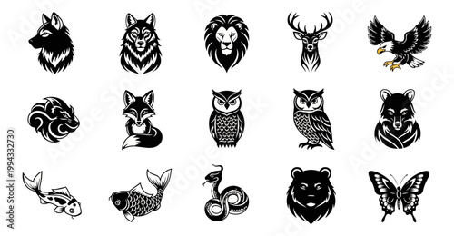 Abstract animal silhouettes set on black background