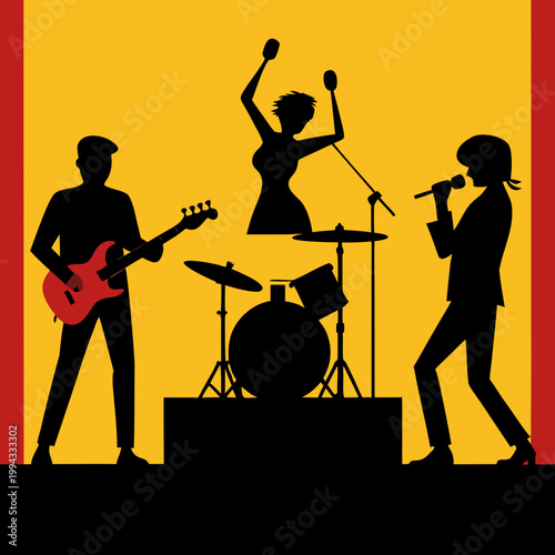 Silhouette guitarist drummer singer on stage band