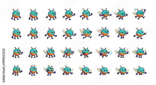 Cartoon bug character sprite sheet, animated insect game asset with 32 poses, cute teal and orange beetle sequence for mobile gaming and app development