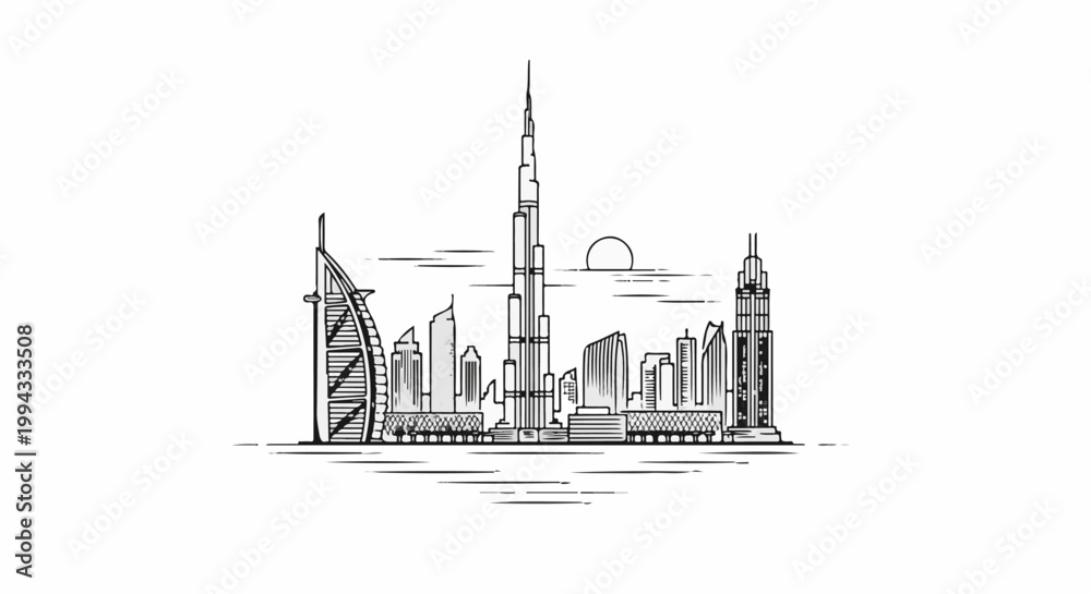 Naklejka premium A hand-drawn sketch of a modern city skyline with distinct tall buildings