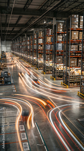 Long exposure of warehouse with blurred forklift light trails