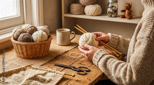 Hands holding a ball of yarn, knitting a cozy project on a rustic wooden table.