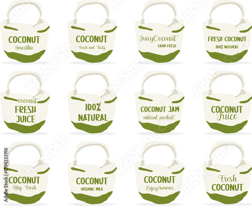 Set of coconut juice tags and more.