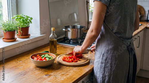 Person in an apron meticulously slicing fresh red bell pepper on a wooden board in a bright, sunlit home kitchen.