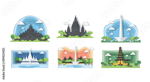 A paper-cut style illustration showcases famous landmarks of Indonesia, each layered with depth and vibrant colors, featuring Borobudur and Monas monuments against stylized skies
