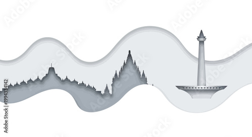 Minimalist paper-cut illustration showcasing famous landmarks of Indonesia, including Borobudur and the National Monument, set against a clean white background with a monochromatic gray