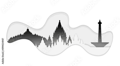 Monochromatic graphic art features the iconic landmarks of Indonesia, including Borobudur, Prambanan, and Monas, presented in a layered paper-cut style against a clean white background