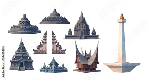 Against a clean white backdrop, this set features famous landmark indonesia architecture showcasing detailed temple structures and the Monas monument, rendered in a style highlighting