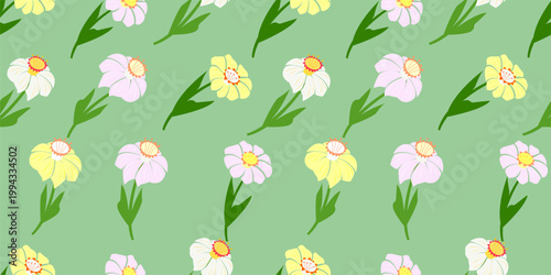 Narcissus flowers seamless pattern, flat style, vector illustration. White and pale yellow tones with muted light pink accents. Can be used in textile prints, packaging, wallpaper, digital, and in web