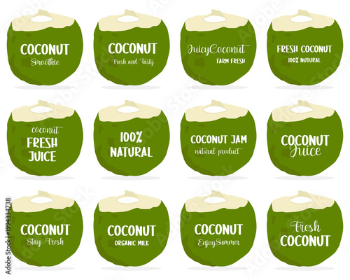Coconut tropical drink product tags and more.