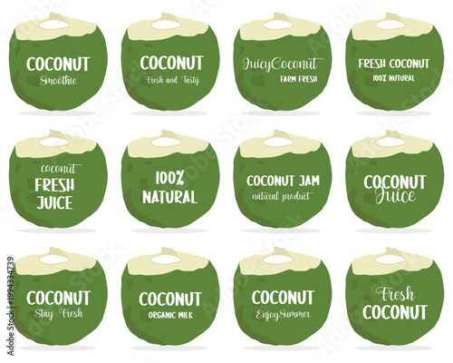Coconut tropical drink product tags and more.