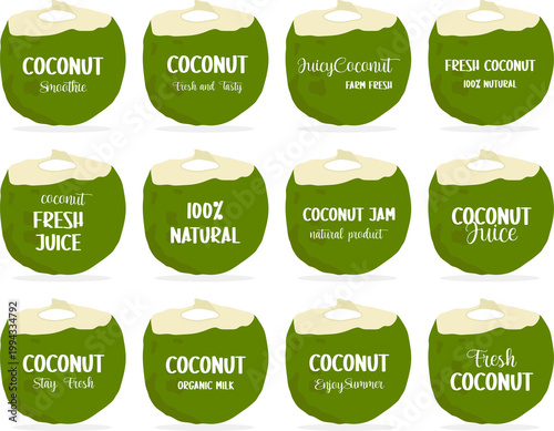 Coconut tropical drink product tags and more.