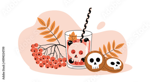 Festive Halloween illustration features spooky skull cocktail with striped straw, skull-shaped cookies, and vibrant autumn rowan berries.
