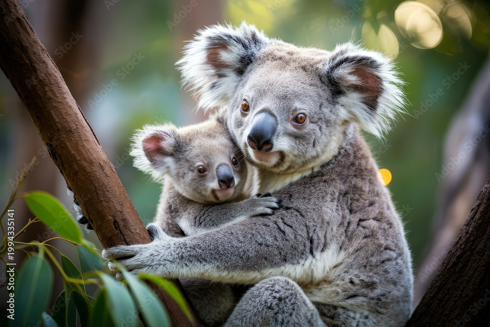 Obraz premium Koala Mother and Baby Hugging on Tree Branch in Natural Wildlife Environment