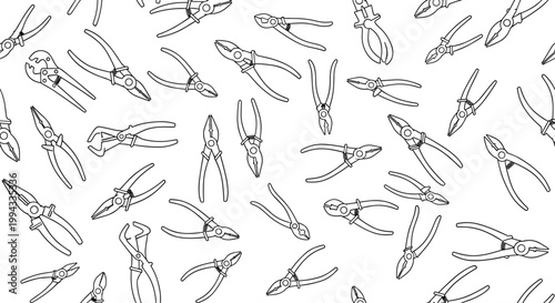Seamless technical pattern displaying numerous line art outlines of different types of pliers and hand tools.
