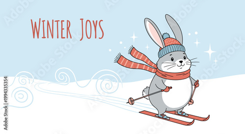 Cute chubby rabbit wearing a scarf and hat skiing down a snowy hill with winter joys text message graphic.