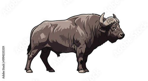 Side view illustration of large african cape buffalo standing on white background showing its massive horns.