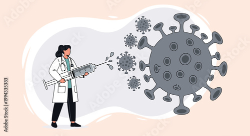 Female doctor in a white coat using a giant medical syringe to spray vaccine at a large grey virus molecule.