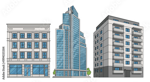 Trio of modern urban architecture building styles including a commercial store office tower and apartment block.