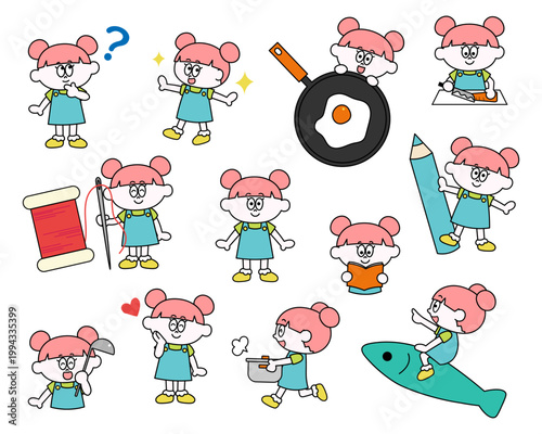 かわいい女の子のイラストセット（家庭科）（ベクター）