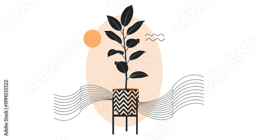 Stylized potted houseplant with large dark leaves set against a geometric background of waves and abstract shapes.