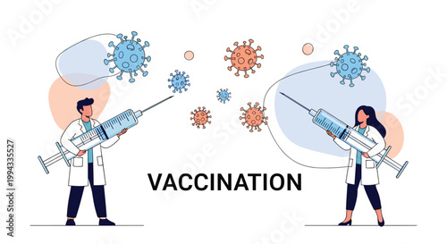 Medical professionals in lab coats holding giant syringes to vaccinate against various colored virus molecules in a public health campaign.