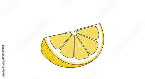 Bright yellow fresh lemon slice with visible segments and rind details isolated on a plain white background for healthy food design.