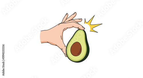 Human hand holding a perfectly ripe half of an avocado with a seed inside against a white background with a sparkle.