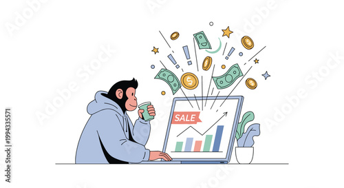 Cool monkey character wearing a blue hoodie drinks coffee while monitoring stock market sales growth on a laptop.