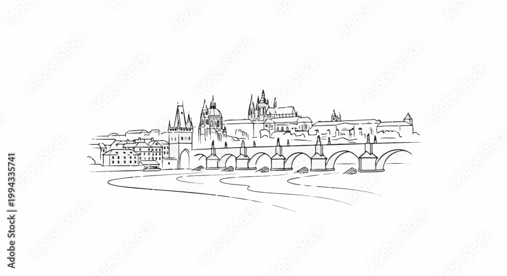 Fototapeta premium Hand-drawn sketch of a historic bridge with arched spans and city skyline