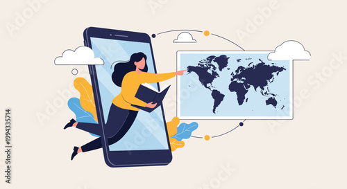 Adventurous woman points at a global map through a giant smartphone screen while holding a book in travel concept.