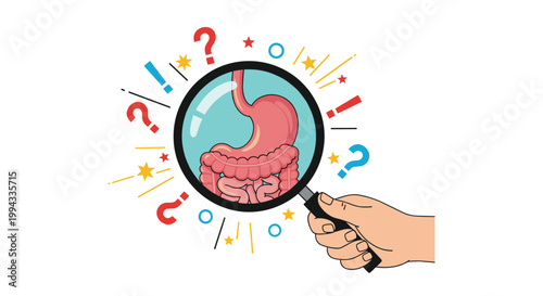 Human digestive system including stomach and intestines is viewed through a magnifying glass with colorful health symbols.