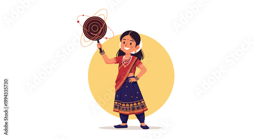 Inspiring young girl in traditional Indian sari and jewelry proudly holds a scientific model of an orbiting atom.