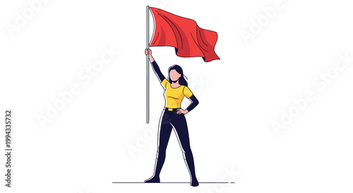 Determined woman in yellow shirt and dark pants stands tall while holding a large waving red flag on a pole.