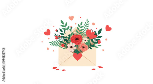 Beige envelope overflows with colorful spring flowers and red hearts against a clean white background for a romantic message.