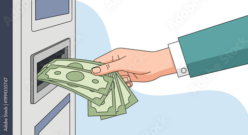 Professional hand takes several green dollar bills out of an automated teller machine slot during a financial transaction.