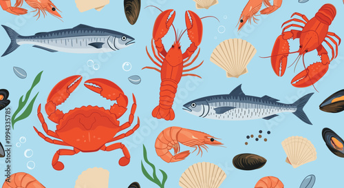 Seamless pattern background features various fresh seafood including lobster, crab, shrimp, fish, and mussels on a light blue sea.
