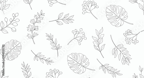 Elegant seamless pattern showcases delicate line art drawings of various leaves, branches, and berries on a clean white backdrop.