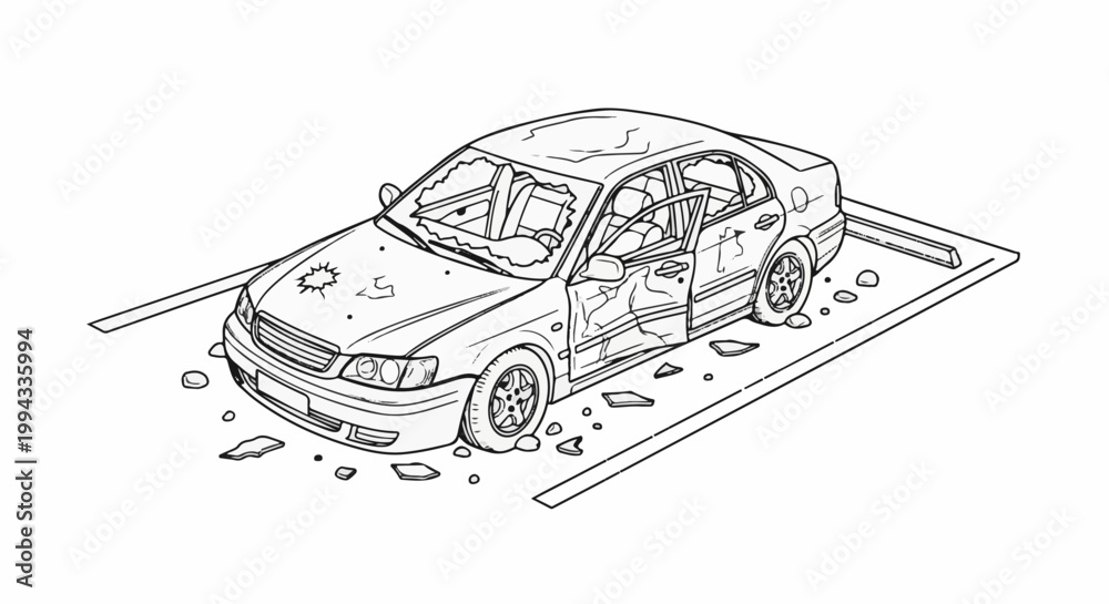 Obraz premium Damaged vehicle in parking space with broken glass and debris
