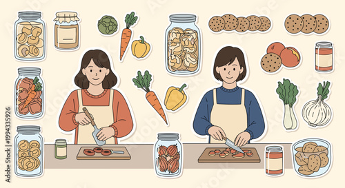 Collection of stickers shows two women preparing food and various ingredients like carrots, peppers, and jars of preserves.