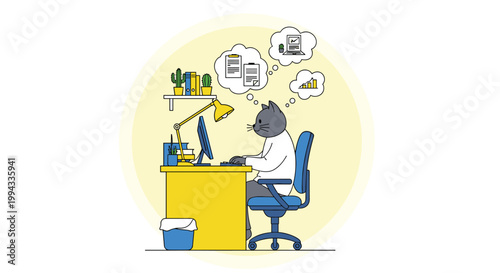 Business cat character works diligently at a desk with a computer while thinking about data charts and office reports.