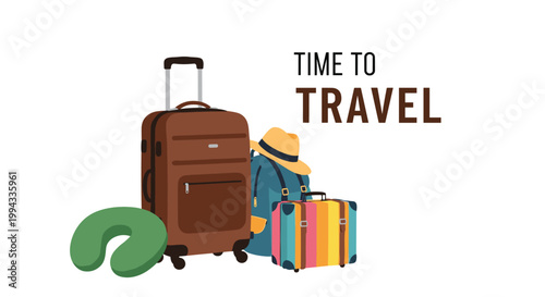 Selection of travel gear including suitcases, a backpack, and a neck pillow is shown with text saying time to travel.