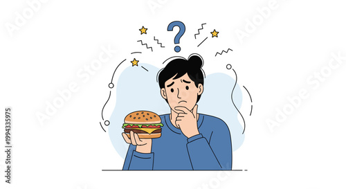Confused man holds a large delicious burger while a question mark above his head shows he is unsure about his choice.